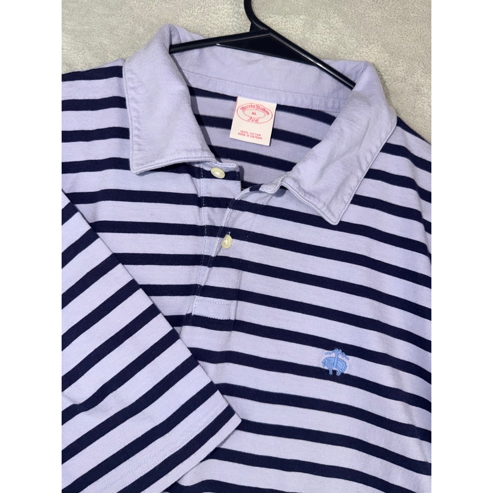 Brooks Brothers 346 Mens XL Polo Shirt Striped Purple Navy Blue Cotton Short Slv